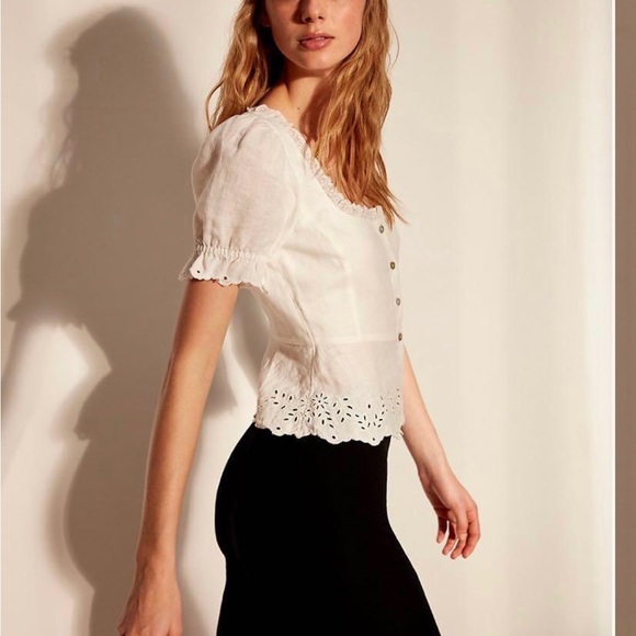 Aritzia Wilfred Arwen White Linen Embroidered New Peplum Summer Blouse Sz 2 - Picture 2 of 11